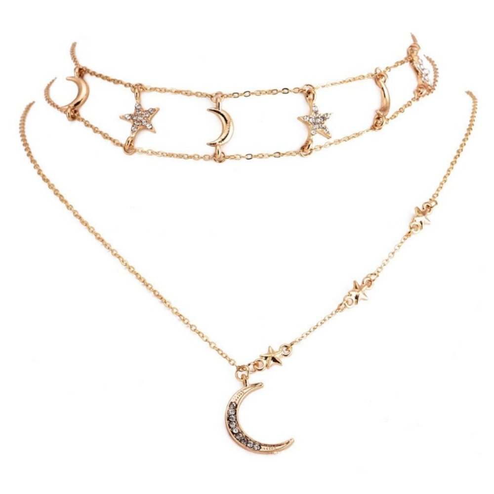 Gold Crescent Moon Star Choker Necklace - Picture 2 of 4
